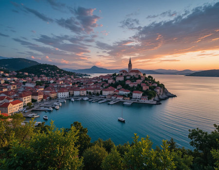 Aerial view of old town Budva at sunset, Montenegroの素材