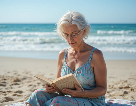 Beautiful mature woman reading book on the beach in summer time.の素材