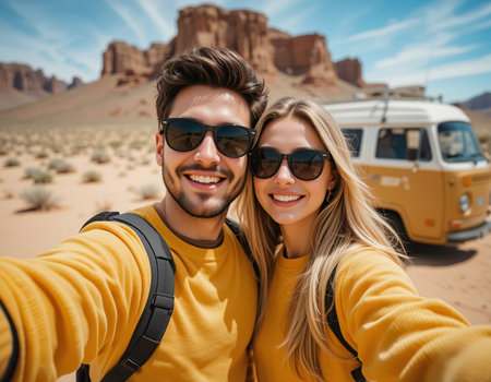 happy young couple taking selfie with campervan on road in desertの素材