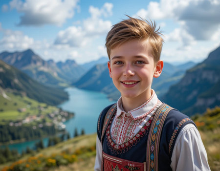 Portrait of a boy in a traditional costume on the background of the Swiss Alps.の素材