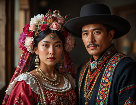 Portrait of a beautiful Asian couple in traditional costume at homeの素材