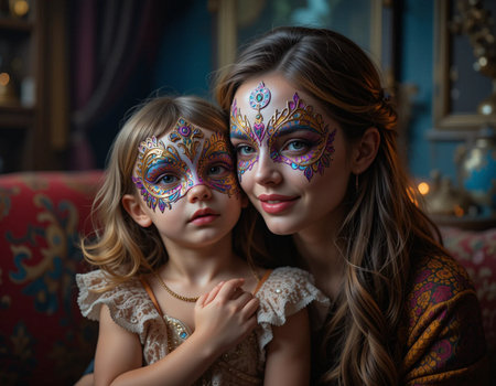 Beautiful mother and daughter with sugar skull make-up on their facesの素材