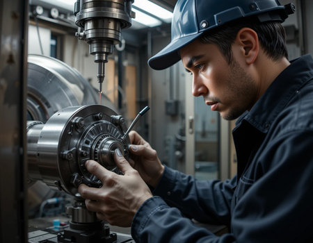 young caucasian industrial machinist working on CNC milling machineの素材