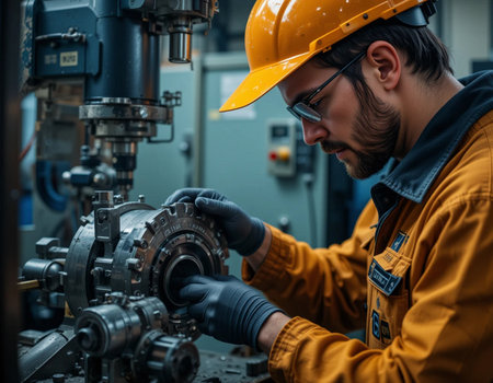 Young factory worker working on a machine in a factory. Industry and engineering.の素材