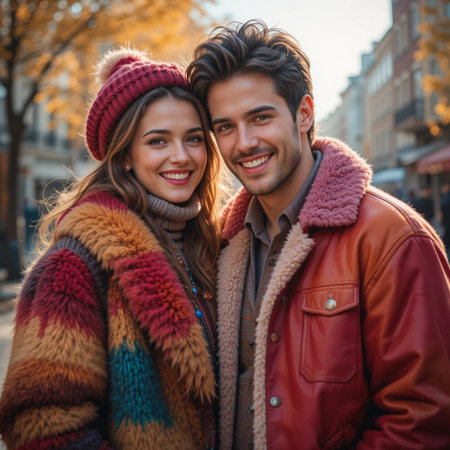 Portrait of a happy young couple in the city. Autumn season.の素材