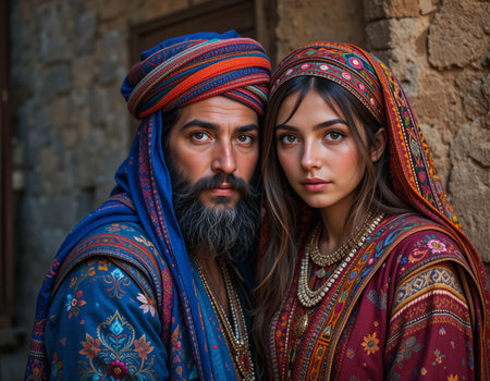 Portrait of a beautiful young couple of Muslims in traditional clothesの素材