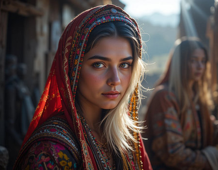 Portrait of a beautiful young woman with long hair in a colorful headscarf.の素材