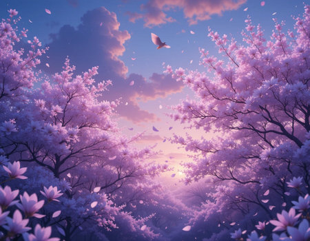 Cherry blossoms on the background of the blue sky with cloudsの素材