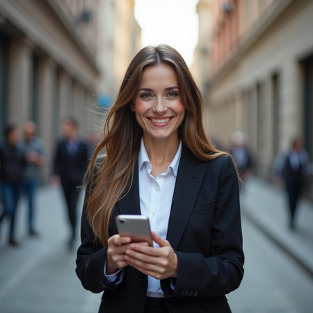 Portrait of a smiling businesswoman using mobile phone in the streetの素材