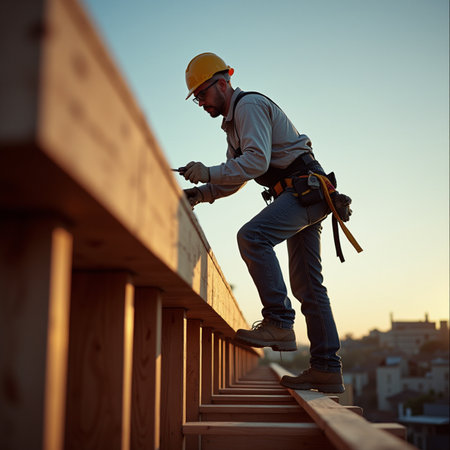 construction worker with tool belt and helmet on building site at sunsetの素材