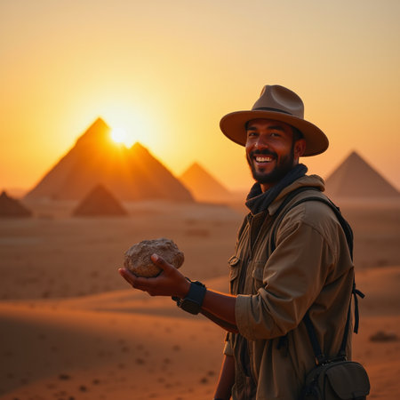 Handsome young man with a beard in a hat and a wide-brimmed jacket is standing in the middle of the desert and looking at the pyramids.の素材