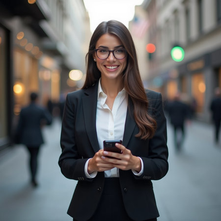 Portrait of young businesswoman using mobile phone in the city.の素材