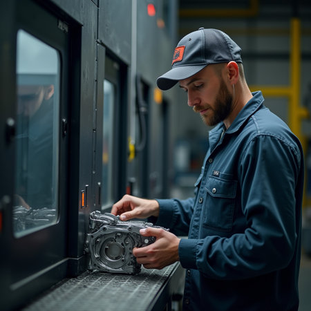 Engineer in uniform and cap working on the mechanism of the car engineの素材