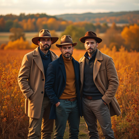 Three men in hats and coats standing in the autumn field. Men's fashion.の素材