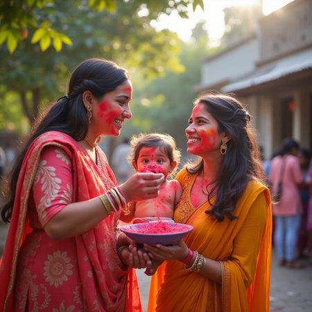 Indian family celebrating Holi festival. Young mother and daughter in sari and holi masks playing holi.の素材
