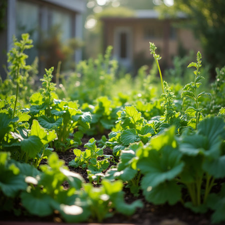 Organic vegetable garden with young green sprouts growing in soil.の素材