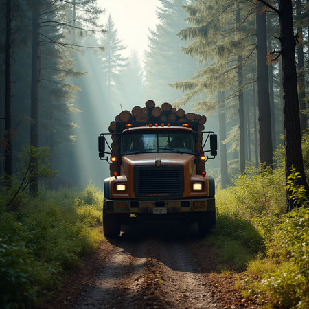 Old truck on the road in the forest. The concept of travel.の素材