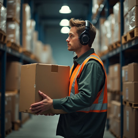 Warehouse worker with headphones in warehouse. This is a freight transportation and distribution warehouse. Industrial and industrial workers conceptの素材