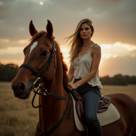 Beautiful young woman riding a horse in the field at sunset.の素材