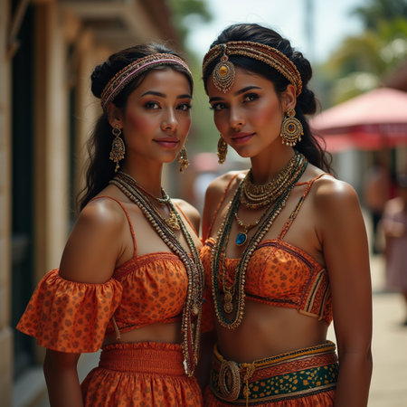 Two beautiful young Asian women in traditional Indian clothes posing in the street.の素材