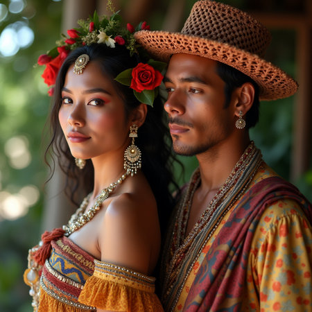 Portrait of a beautiful Asian couple in traditional costume with flowersの素材