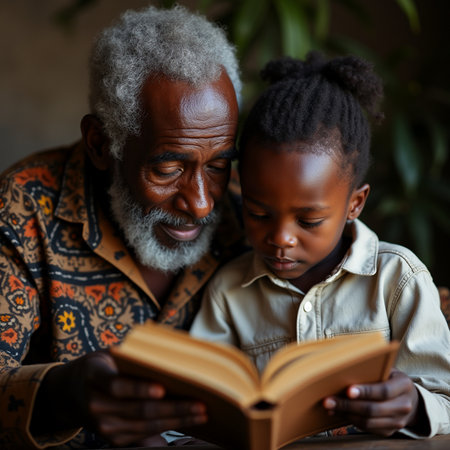 Grandfather and grandson reading a book. Grandfather and grandson are reading a book.の素材