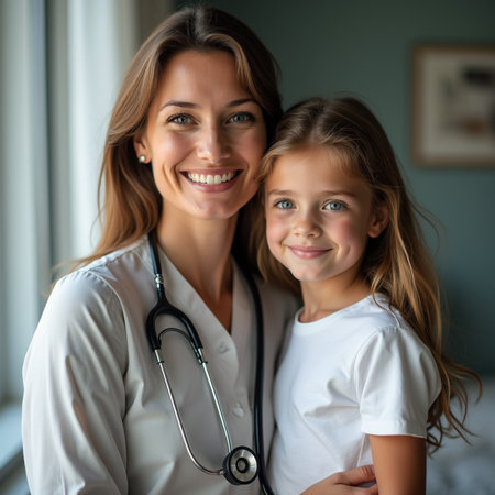 Portrait of smiling pediatrician and little girl at home. Medicine and healthcare concept.の素材