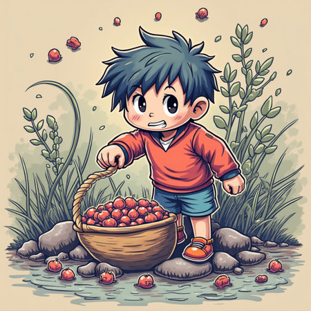 Little boy with a basket of cherries in the garden. Vector illustrationの素材