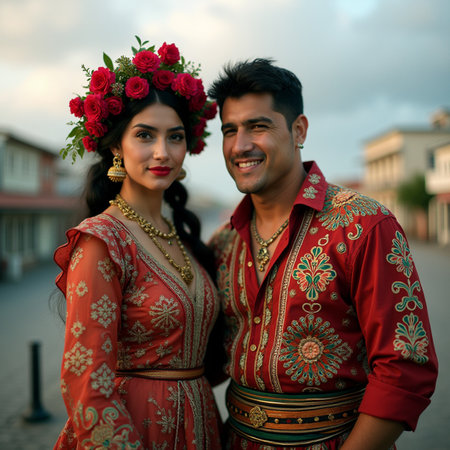 Beautiful Indian couple wearing traditional clothes and posing on the streetの素材