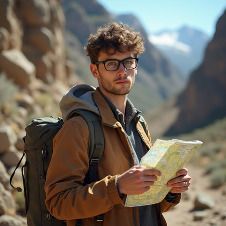 Handsome young man with backpack and map in the mountains.の素材
