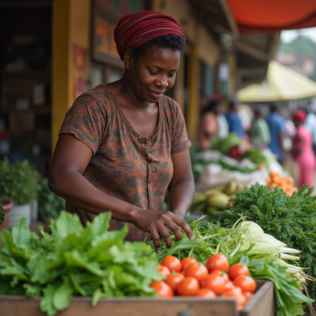 Portrait of a young African woman selling vegetables at the marketの素材