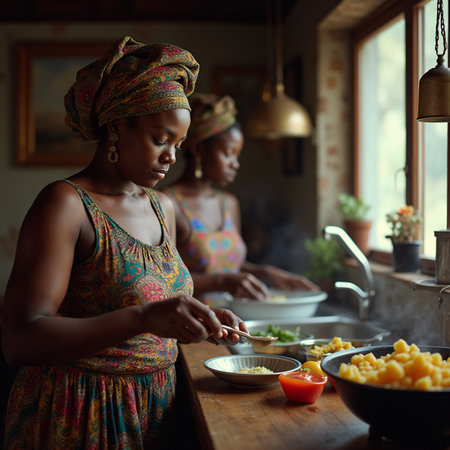 Two African women cooking together in a rustic kitchen at homeの素材