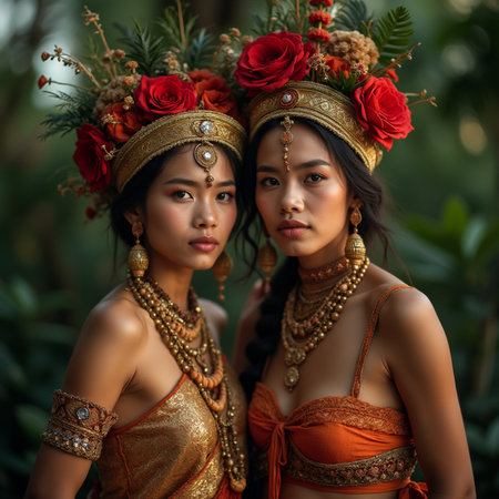 Portrait of two beautiful Asian women in traditional costume of Thailand.の素材