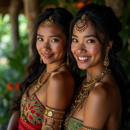 Two young Asian women in traditional thai costume, Bali, Indonesiaの素材