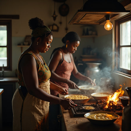 African woman cooking pilaf in the kitchen at home with her daughterの素材
