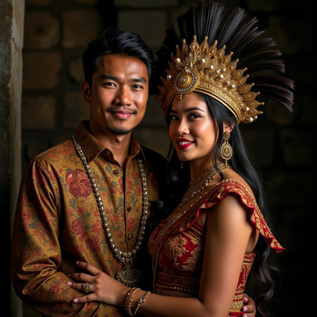 Portrait of an Asian couple in traditional clothes on a dark backgroundの素材