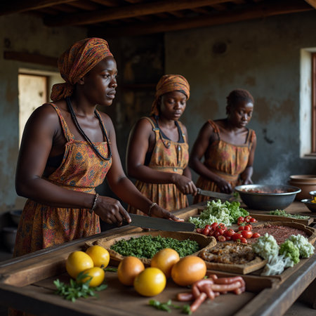 African woman cooking in the kitchen with her family on the background.の素材