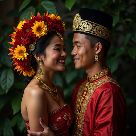 Happy asian couple wearing traditional thai costume with flower wreathの素材