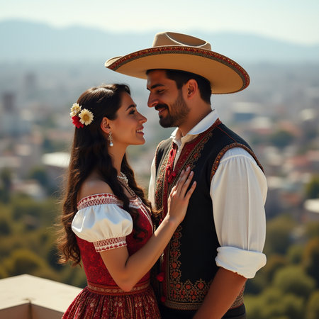 Beautiful couple in traditional costume on the background of the city.の素材