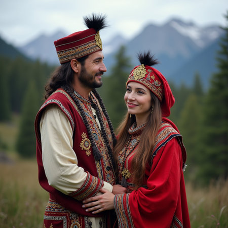 Portrait of a happy couple in traditional clothes in the mountains.の素材