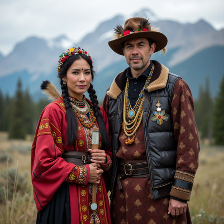 Unidentified man and woman dressed in traditional Ukrainian clothes. People of the Altai Republic suffer of poverty due to the bad economyの素材