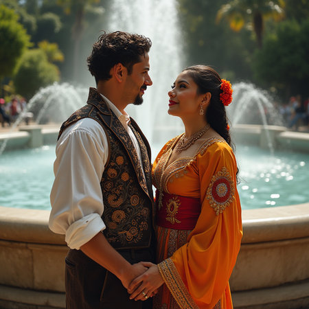 Beautiful Indian couple in traditional clothes at the fountain in the parkの素材