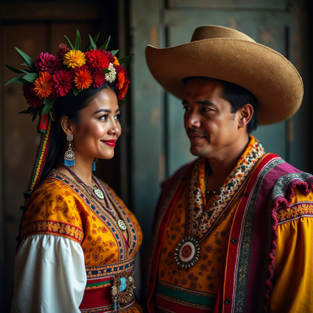 Portrait of a man and a woman dressed in traditional costume.の素材