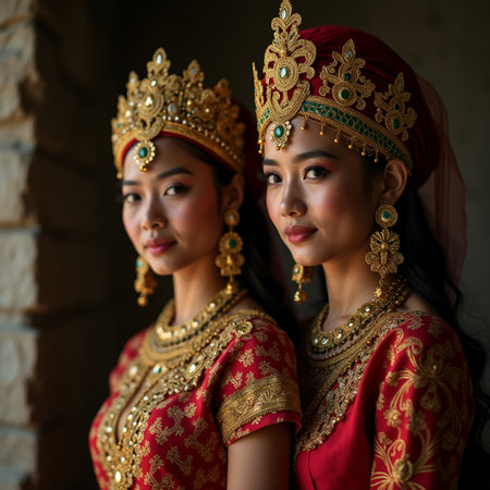 Portrait of two Thai woman wearing traditional Thai costume in Thailand.の素材