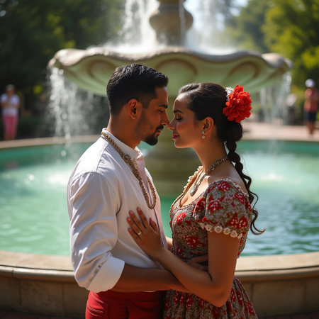 Portrait of a young couple in love embracing each other near the fountainの素材