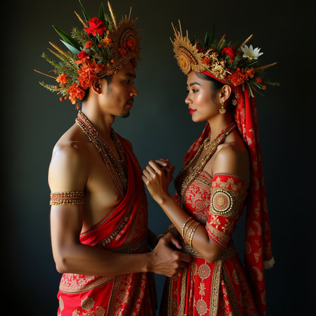 Portrait of a beautiful Asian bride and groom in traditional Indian costumeの素材