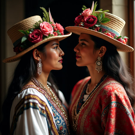 Portrait of two beautiful Asian women in traditional dress and hatsの素材
