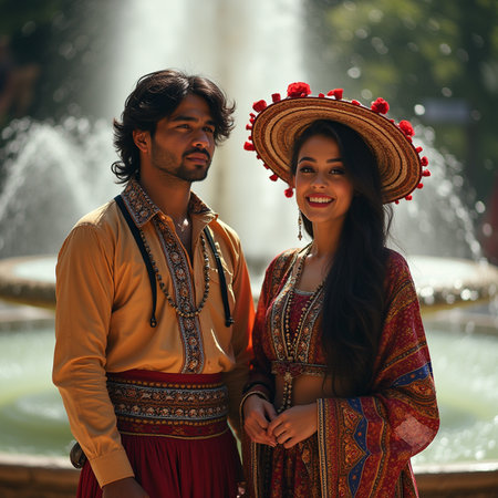 Young Indian couple in traditional clothes and sombrero posing at the fountainの素材