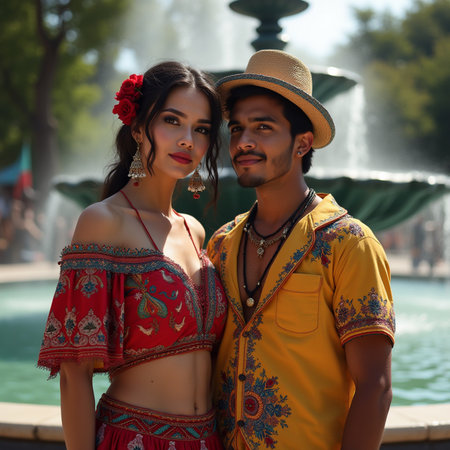 Portrait of young Indian couple in traditional clothing at the fountainの素材