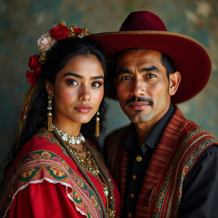 Portrait of a beautiful Hispanic couple dressed in traditional clothing and sombreroの素材